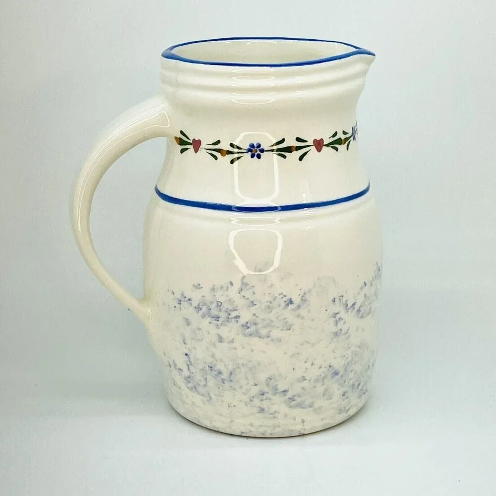 Jo-Chen Blue White Pottery Pitcher Hand Painted Blue Trim Red Hearts USA - Picture 9 of 10